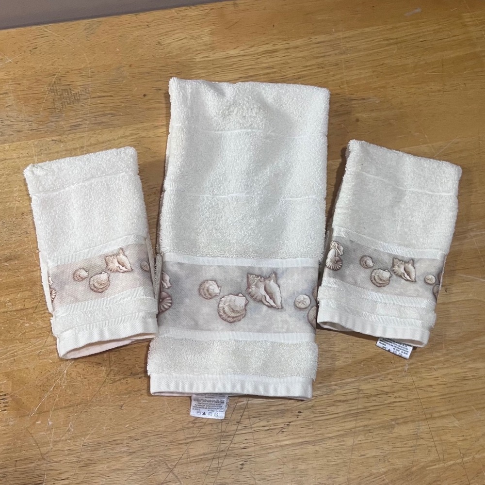 Vtg Springmaid Seashell Coastal Hand Tea Towel Set 3pc Cream Cotton Beach Decor